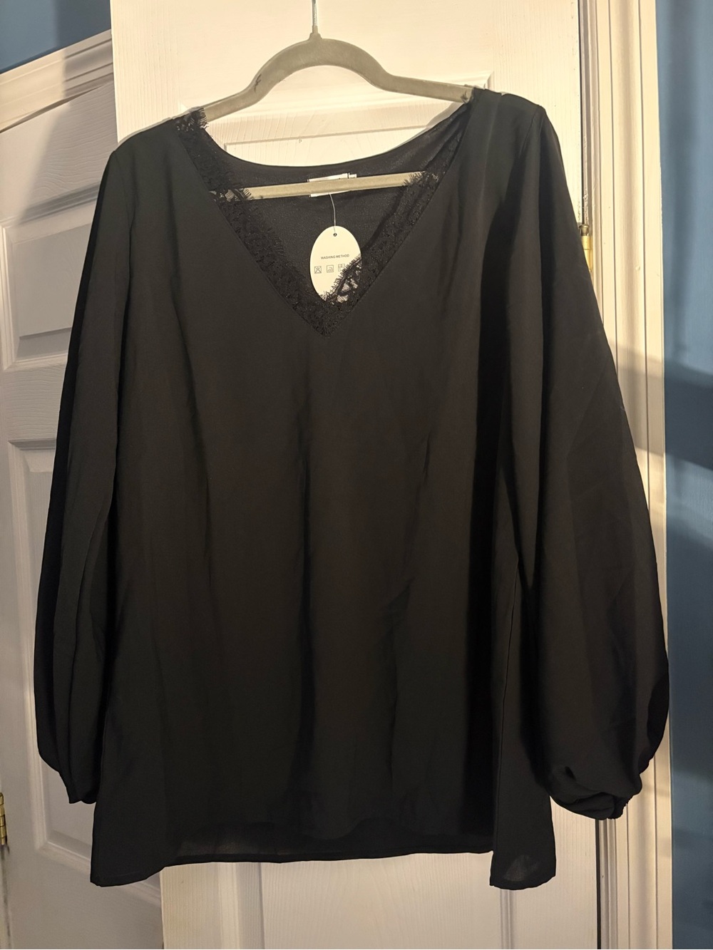 Qearal Black Lace V-Neck Balloon Sleeve Blouse NWT M
